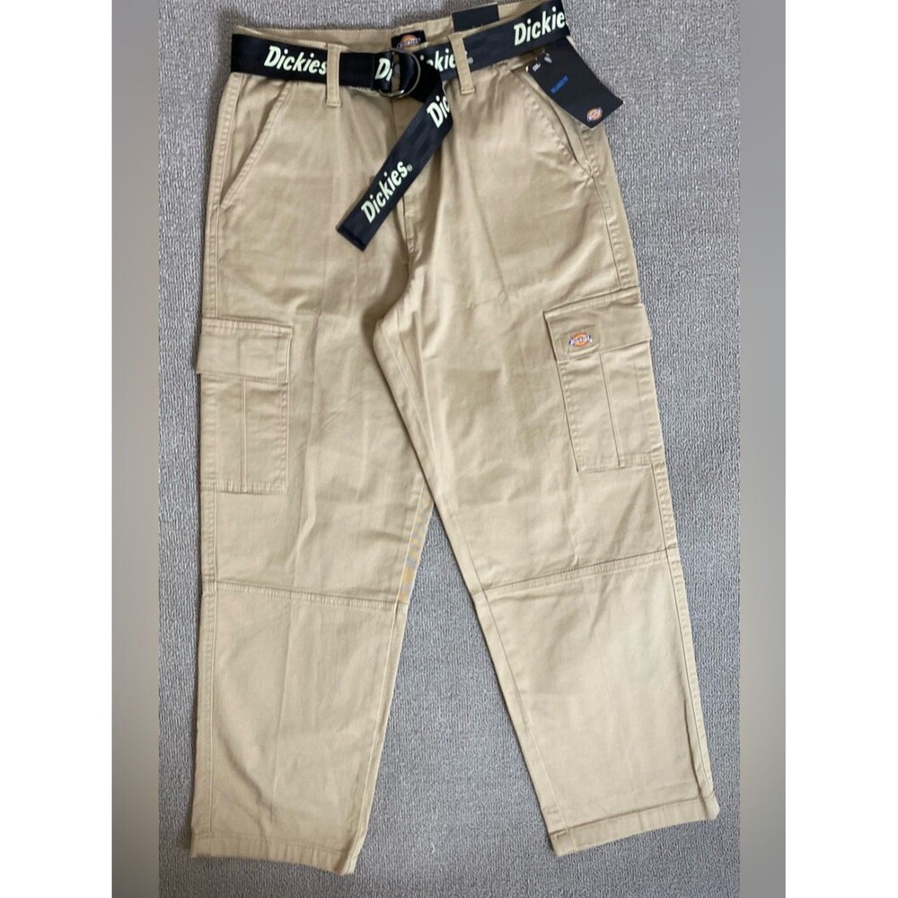 Dickies Women’s Relaxed Fit Cropped Khaki Utility Cargo Pants with Logo Belt